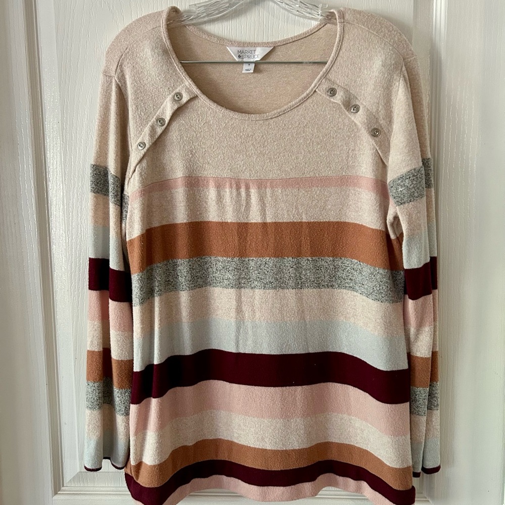Pink and Grey Striped Sweater with Button Detail